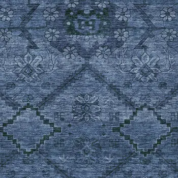 10' X 14' Navy Blue And Denim Blue Floral Washable Indoor Outdoor Area Rug