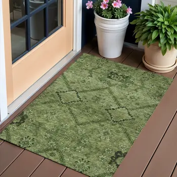 3' X 5' Olive Green Fern Green And Artichoke Green Floral Washable Indoor Outdoor Area Rug