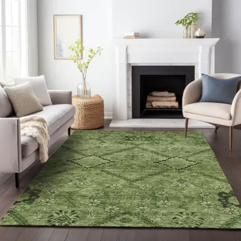 5' X 8' Olive Green Fern Green And Artichoke Green Floral Washable Indoor Outdoor Area Rug