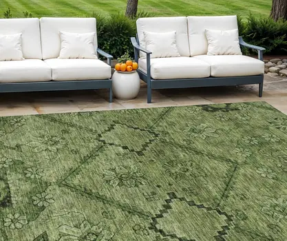 9' X 12' Olive Green Fern Green And Artichoke Green Floral Washable Indoor Outdoor Area Rug