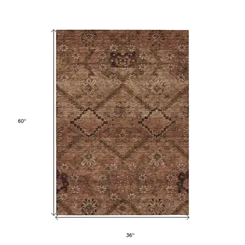3' X 5' Orange Copper And Brown Floral Washable Indoor Outdoor Area Rug