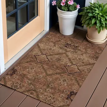 3' X 5' Orange Copper And Brown Floral Washable Indoor Outdoor Area Rug