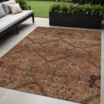 5' X 8' Orange Copper And Brown Floral Washable Indoor Outdoor Area Rug