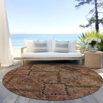 8' Orange Copper And Brown Round Floral Washable Indoor Outdoor Area Rug