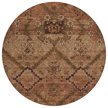 8' Orange Copper And Brown Round Floral Washable Indoor Outdoor Area Rug