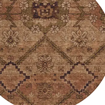8' Orange Copper And Brown Round Floral Washable Indoor Outdoor Area Rug