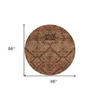 8' Orange Copper And Brown Round Floral Washable Indoor Outdoor Area Rug