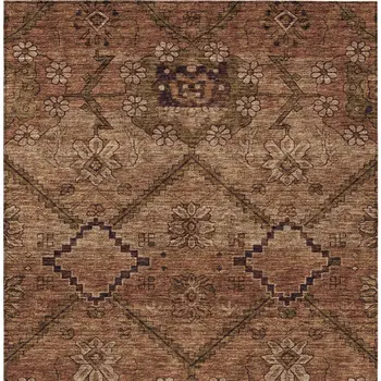 8' X 10' Orange Copper And Brown Floral Washable Indoor Outdoor Area Rug