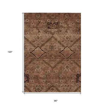 8' X 10' Orange Copper And Brown Floral Washable Indoor Outdoor Area Rug