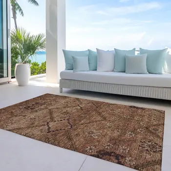 8' X 10' Orange Copper And Brown Floral Washable Indoor Outdoor Area Rug