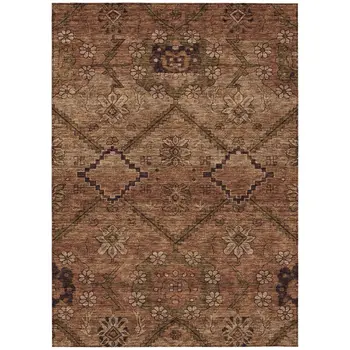 8' X 10' Orange Copper And Brown Floral Washable Indoor Outdoor Area Rug