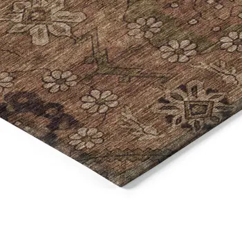 8' X 10' Orange Copper And Brown Floral Washable Indoor Outdoor Area Rug