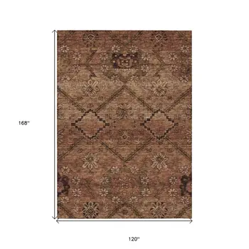 10' X 14' Orange Copper And Brown Floral Washable Indoor Outdoor Area Rug