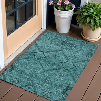 3' X 5' Teal Blue And Aqua Floral Washable Indoor Outdoor Area Rug