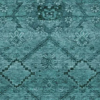 3' X 5' Teal Blue And Aqua Floral Washable Indoor Outdoor Area Rug