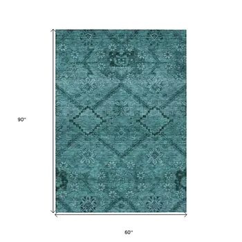 5' X 8' Teal Blue And Aqua Floral Washable Indoor Outdoor Area Rug