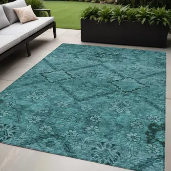 5' X 8' Teal Blue And Aqua Floral Washable Indoor Outdoor Area Rug