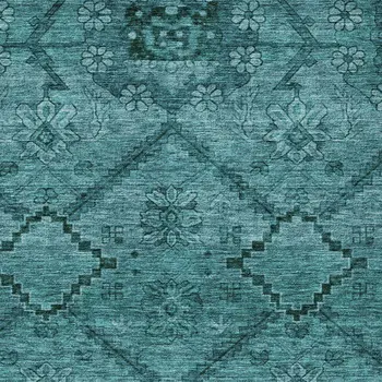 5' X 8' Teal Blue And Aqua Floral Washable Indoor Outdoor Area Rug