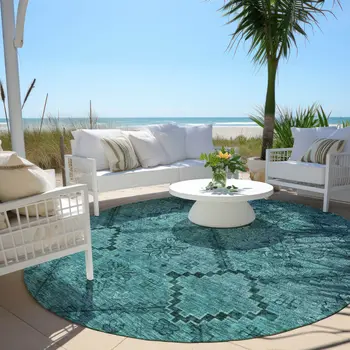 8' Teal Blue And Aqua Round Floral Washable Indoor Outdoor Area Rug