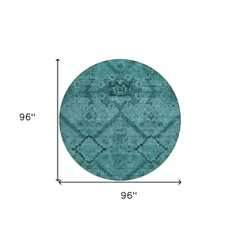 8' Teal Blue And Aqua Round Floral Washable Indoor Outdoor Area Rug