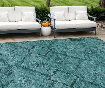 8' X 10' Teal Blue And Aqua Floral Washable Indoor Outdoor Area Rug