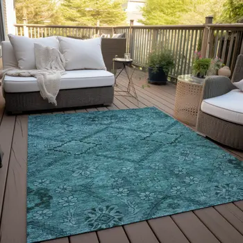 8' X 10' Teal Blue And Aqua Floral Washable Indoor Outdoor Area Rug