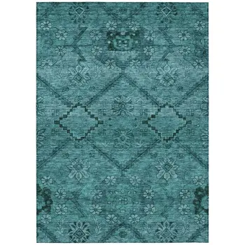 8' X 10' Teal Blue And Aqua Floral Washable Indoor Outdoor Area Rug