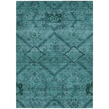 9' X 12' Teal Blue And Aqua Floral Washable Indoor Outdoor Area Rug