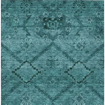 10' X 14' Teal Blue And Aqua Floral Washable Indoor Outdoor Area Rug