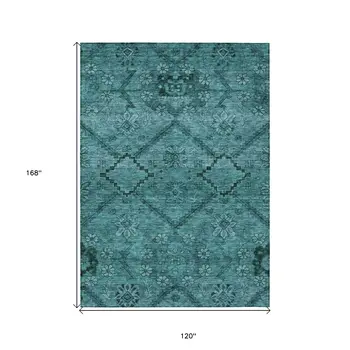 10' X 14' Teal Blue And Aqua Floral Washable Indoor Outdoor Area Rug