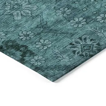 10' X 14' Teal Blue And Aqua Floral Washable Indoor Outdoor Area Rug