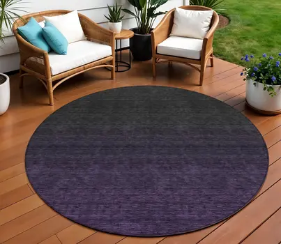 8' Eggplant Purple And Charcoal Round Abstract Washable Indoor Outdoor Area Rug