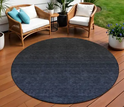 8' Navy Blue And Charcoal Round Abstract Washable Indoor Outdoor Area Rug