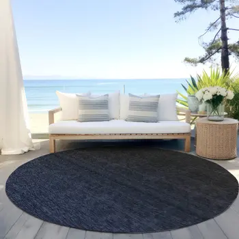 8' Navy Blue And Charcoal Round Abstract Washable Indoor Outdoor Area Rug