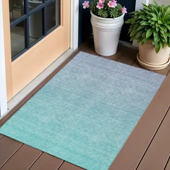 3' X 5' Sky Blue And Teal Blue Ombre Washable Indoor Outdoor Area Rug
