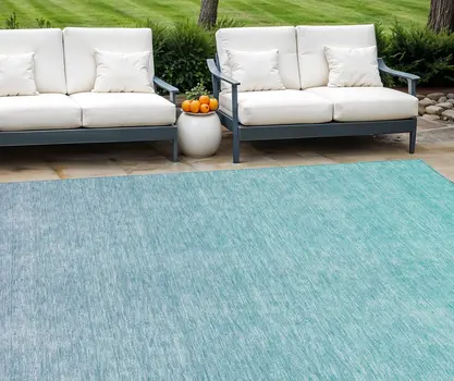 8' X 10' Sky Blue And Teal Blue Ombre Washable Indoor Outdoor Area Rug