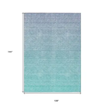 9' X 12' Sky Blue And Teal Blue Ombre Washable Indoor Outdoor Area Rug