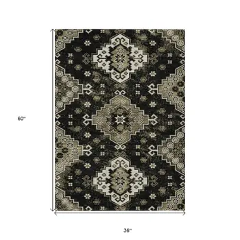 3' X 5' Black Ivory And Taupe Medallion Washable Indoor Outdoor Area Rug