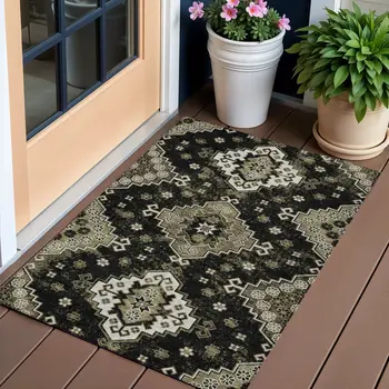 3' X 5' Black Ivory And Taupe Medallion Washable Indoor Outdoor Area Rug