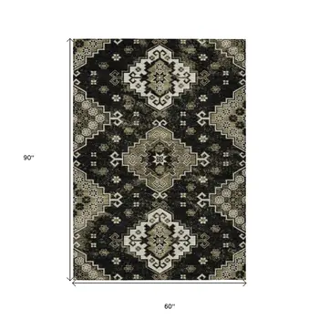 5' X 8' Black Ivory And Taupe Medallion Washable Indoor Outdoor Area Rug