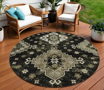 8' Black Ivory And Taupe Round Medallion Washable Indoor Outdoor Area Rug