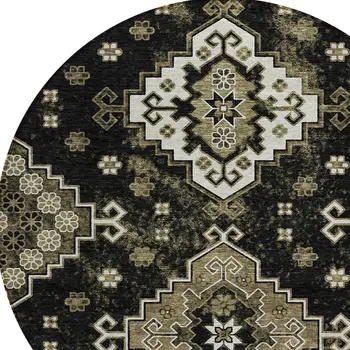 8' Black Ivory And Taupe Round Medallion Washable Indoor Outdoor Area Rug