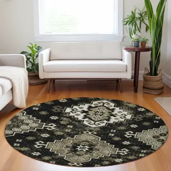 8' Black Ivory And Taupe Round Medallion Washable Indoor Outdoor Area Rug