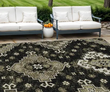 8' X 10' Black Ivory And Taupe Medallion Washable Indoor Outdoor Area Rug