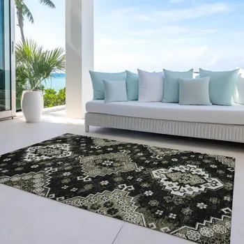 10' X 14' Black Ivory And Taupe Medallion Washable Indoor Outdoor Area Rug