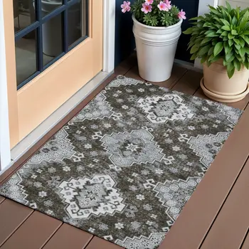 3' X 5' Brown And Gray Medallion Washable Indoor Outdoor Area Rug