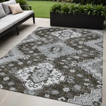 5' X 8' Brown And Gray Medallion Washable Indoor Outdoor Area Rug