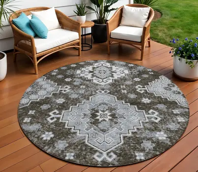 8' Brown And Gray Round Medallion Washable Indoor Outdoor Area Rug