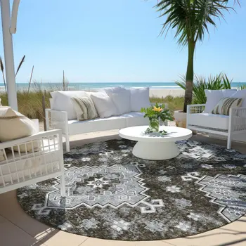 8' Brown And Gray Round Medallion Washable Indoor Outdoor Area Rug
