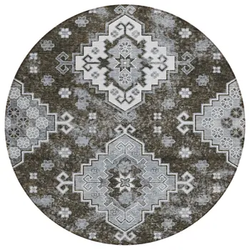 8' Brown And Gray Round Medallion Washable Indoor Outdoor Area Rug